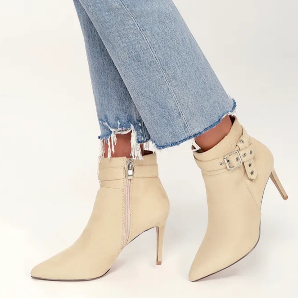 LuLu's Senne Nude Pointed Toe Buckle High Heel Ankle Boots